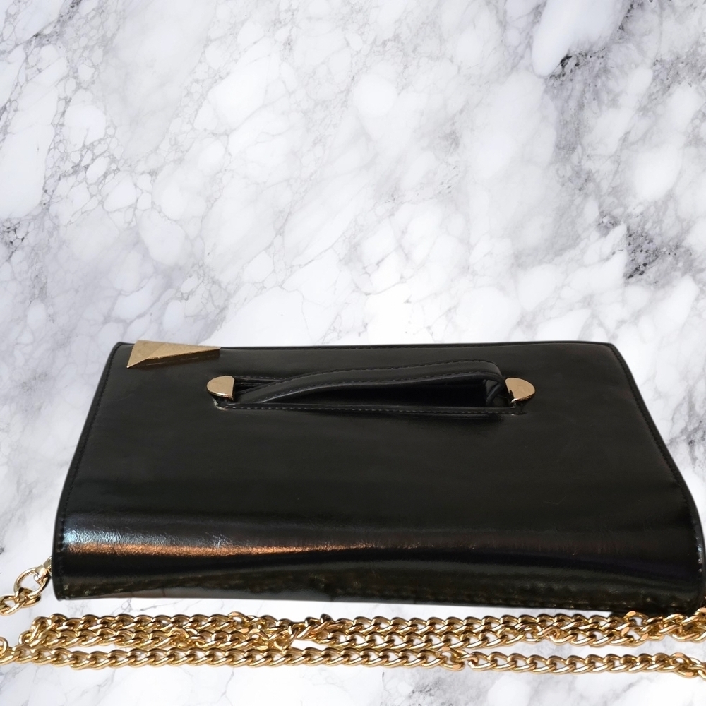 Kensie Black Leather Clutch Crossbody Gold Chain Evening Bag Minimalist Chic - Picture 13 of 16